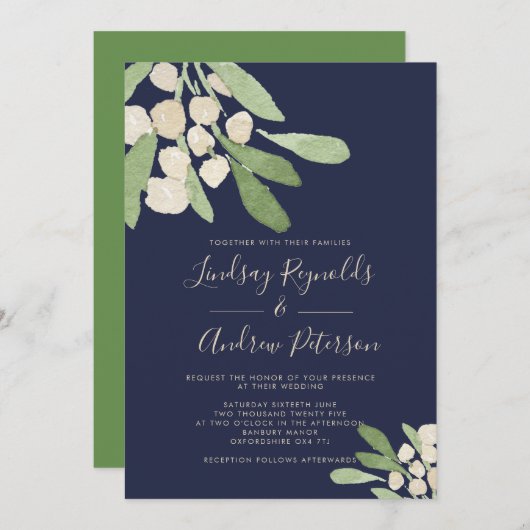 Invitation Mariage de la Mistletoe marine et verte (Devant / Derrière)