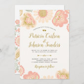Invitation Mariage de la pêche à l'or et des fleurs de printe (Devant / Derrière)