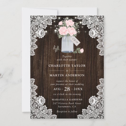 Invitation Mariage de la respiration du Rose roux en dentelle (Devant)