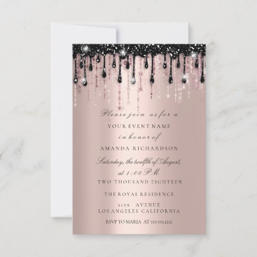 Invitation Mariage de la Rose à paillettes noires  (Devant)
