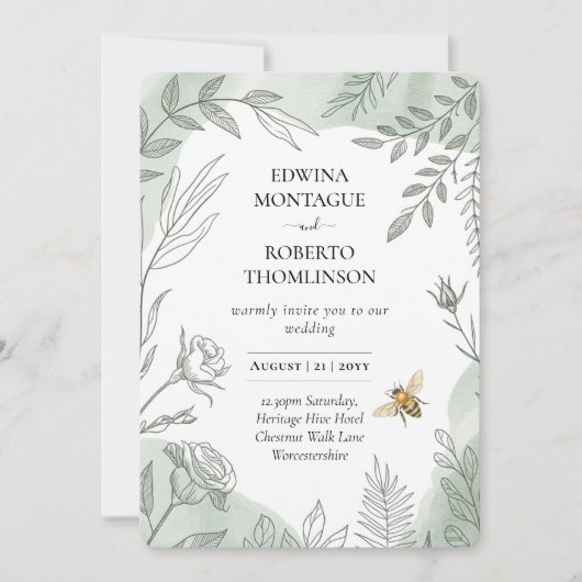Invitation Mariage de la Sauge Botanique Abeille Héritage (Devant)