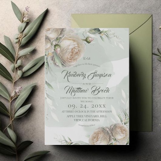 Invitation Mariage de la sauge verdure rose blanche