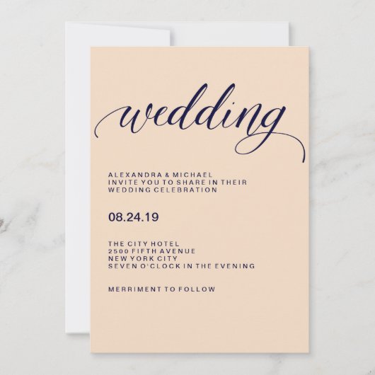Invitation Mariage de la typographie Blush et Navy (Devant)