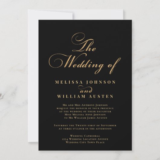 Invitation Mariage de la typographie moderne Black Gold (Devant)