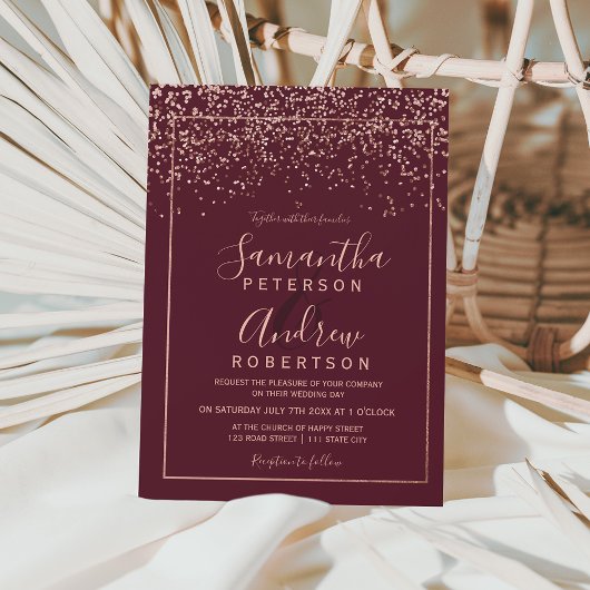 Invitation mariage de la typographie rose en or confetti roug