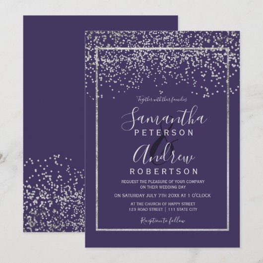 Invitation Mariage de la typographie violet de confetti d'arg (Devant / Derrière)