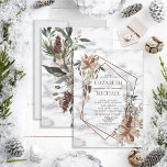 Invitation Mariage de la végétation hivernale géométrique en<br><div class="desc">Moderne et branché, ce magnifique design d'invitation à un mariage hivernal présente un faux cuivre géométrique agrémenté d'une belle aquarelle hivernale, de baies, de cônes de pins et de minuscules fleurs. Les noms du couple et quelques détails mariages sont dans une couleur de cône de pin assortie. L'arrière de la...</div>