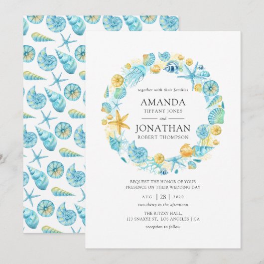 Invitation Mariage de la vie marine bleu et jaune (Devant / Derrière)