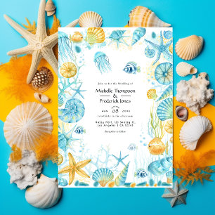 Invitation Mariage de la vie marine bleu et jaune