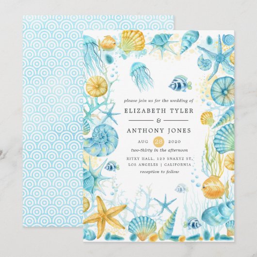 Invitation Mariage de la vie marine bleu et jaune (Devant / Derrière)