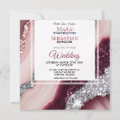 Invitation *~* Mariage de l'agate de BURGUNDY ROSE RSVP QR AR (Devant)