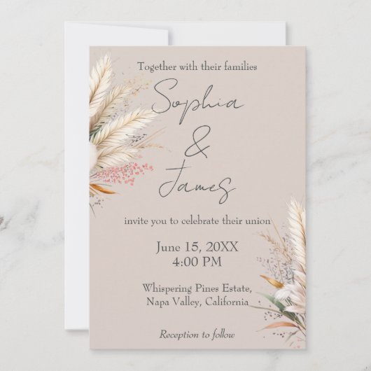 Invitation Mariage de laiton de Pampas Boho Taupe clair (Devant)