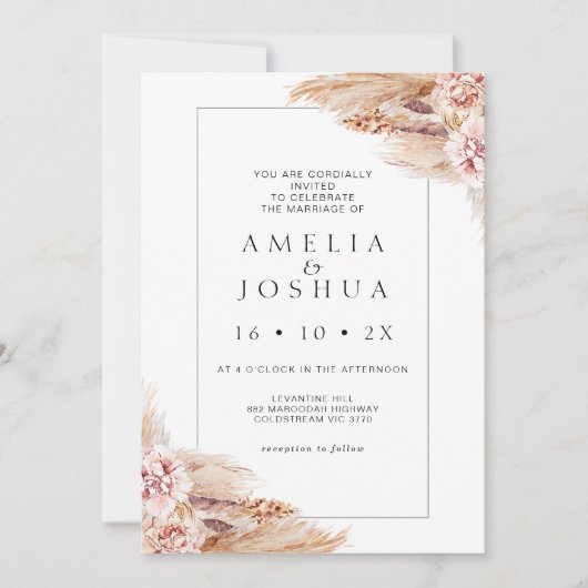 Invitation Mariage de laiton moderne Boho Blush Floral Pampas (Devant)
