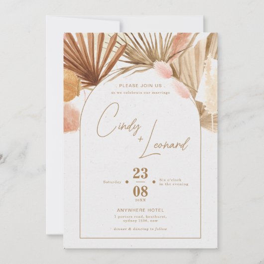 Invitation Mariage de laiton Rustique Boho Pampas (Devant)