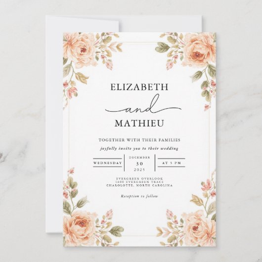 Invitation Mariage de l'angle floral de pêche souple (Devant)