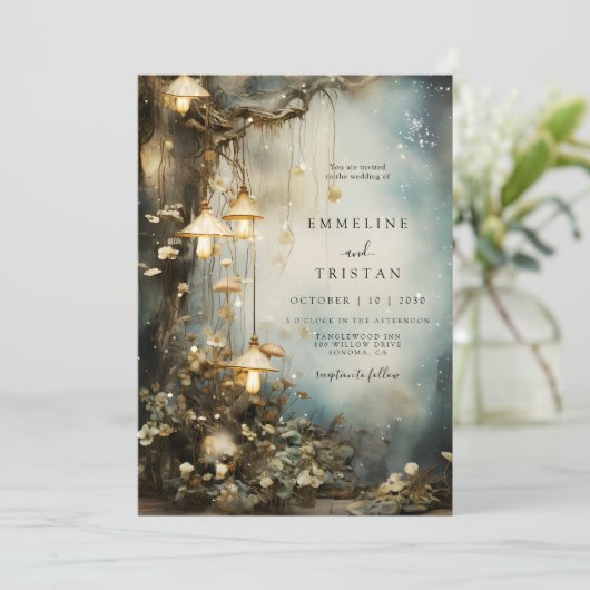 Invitation Mariage de lanternes brillantes accrochées à la fo (Debout devant)