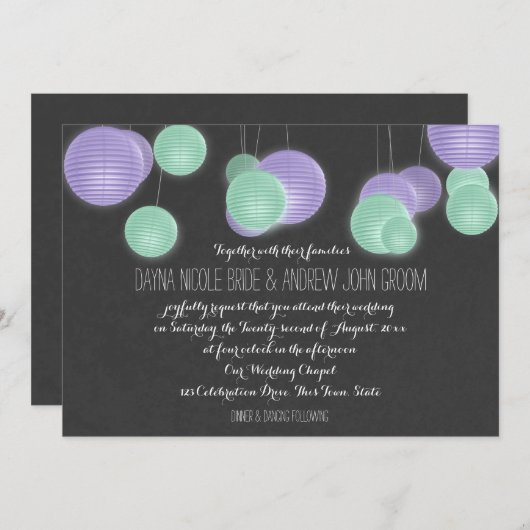 Invitation Mariage de lanternes en papier violet (Devant / Derrière)