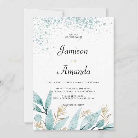 Invitation Mariage de l'aquarelle verte de la menthe (Devant)