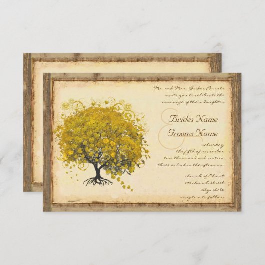 Invitation Mariage de l'arbre du coeur jaune rustique et roma (Devant / Derrière)