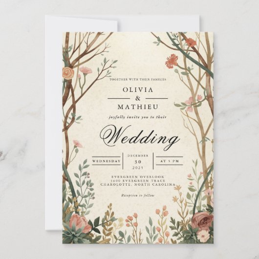 Invitation Mariage de l'arche en fleurs de bois rustique (Devant)
