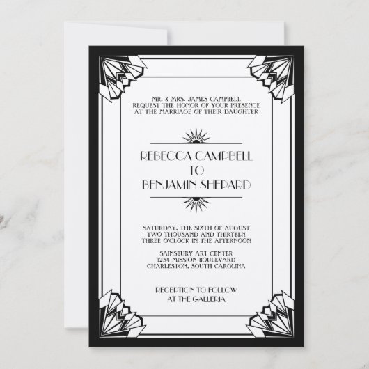 Invitation mariage de l'art déco géométrique noir de l'ère ja (Devant)