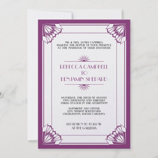 Invitation mariage de l'art déco géométrique violet de l'âge  (Devant)