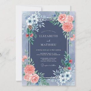 Invitation Mariage de laurier floral corail marine