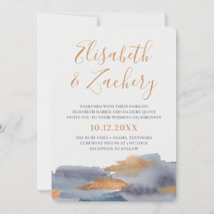 Invitation Mariage de lavage à l'aquarelle bleu et or