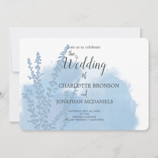 Invitation Mariage de lavage bleu céleste à l'aquarelle botan (Devant)