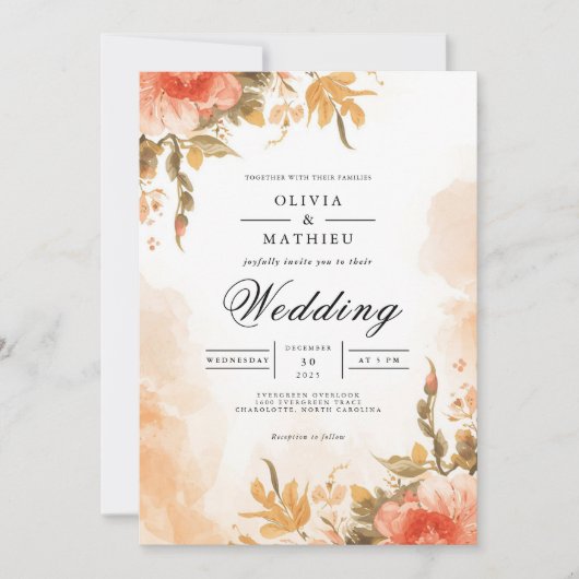 Invitation Mariage de lavage botanique de corail doux (Devant)