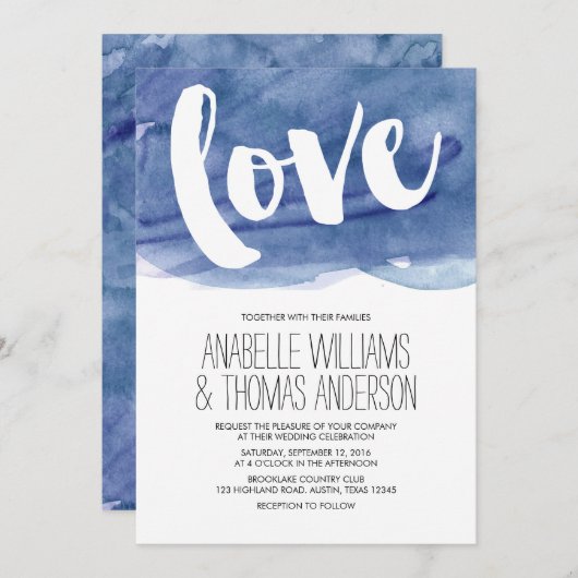 Invitation Mariage de lavage couleur bleu foncé (Devant / Derrière)