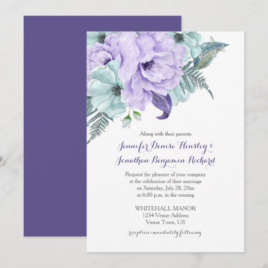 Invitation Mariage de Lavande violette et de Peonies de menth (Devant / Derrière)