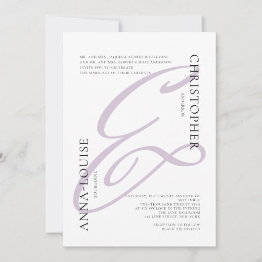 Invitation Mariage de l'esperluette et du script de lavande f (Devant)