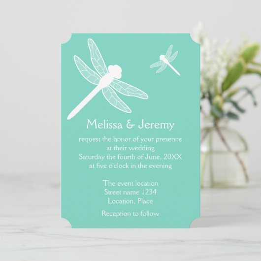 Invitation Mariage de libellules turquoise (Debout devant)