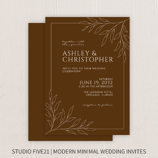 Invitation Mariage de ligne Brown en noyer moderne