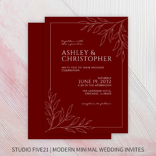 Invitation Mariage de ligne moderne Crimson Red Foliing