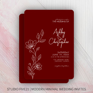 Invitation Mariage de ligne moderne Crimson Red Foliing