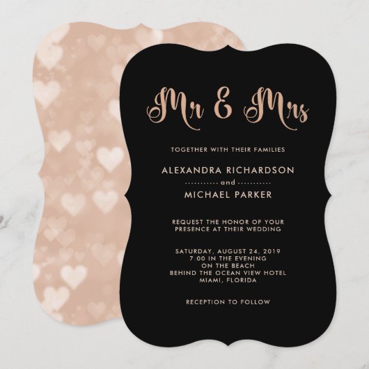 Invitation Mariage de livres rose et noir moderne | M. & Mme (Devant / Derrière)