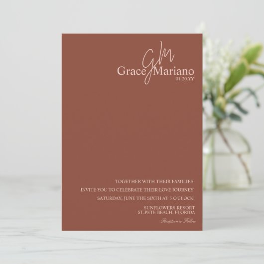 Invitation Mariage de logo de script rose Brown monogramme (Debout devant)
