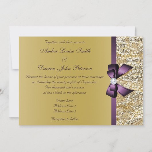Invitation Mariage de l'or de Faux Gold Sequins Purple Bow (Dos)