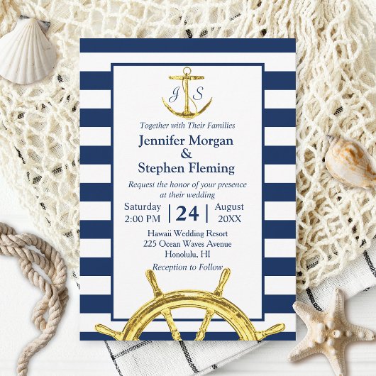 Invitation Mariage de l'or nautique et de la marine Blue Stri