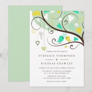 Invitation Mariage de Lovebirds d'Aqua et de Jaune Whimsical