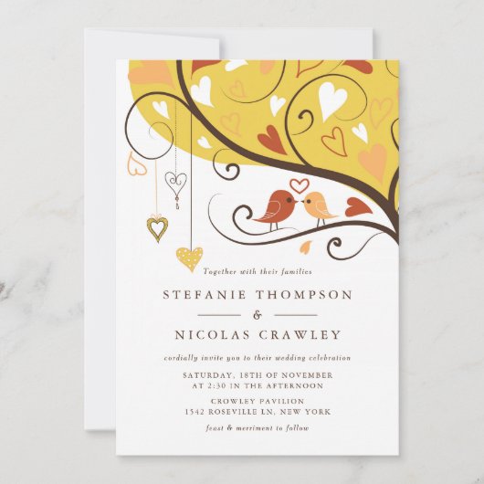 Invitation Mariage de Lovebirds oranges et jaunes (Devant)