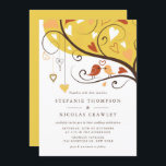 Invitation Mariage de Lovebirds oranges et jaunes<br><div class="desc">Ajoutez une touche douce et ludique à votre grand jour avec ce faire-part de mariage lovebird personnalisable. Il présente une adorable illustration de deux tourterelles perchées sur une branche d'arbre, accentuées de cordes blanches. Ce design charmant est parfait pour les mariages de plein air décontractés, rustiques, boisés, boho ou boho....</div>