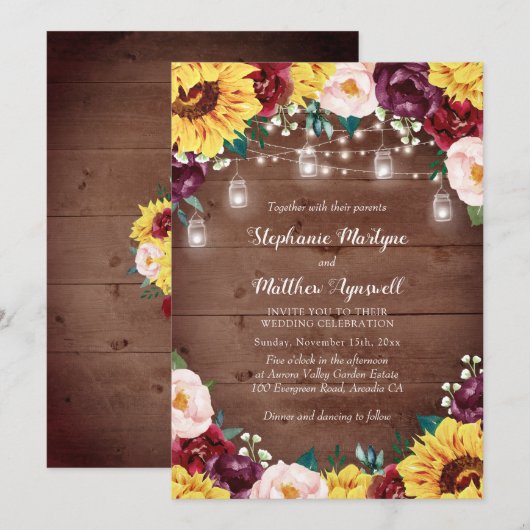 Invitation Mariage de lumière de pot de tournesol rustique (Devant / Derrière)