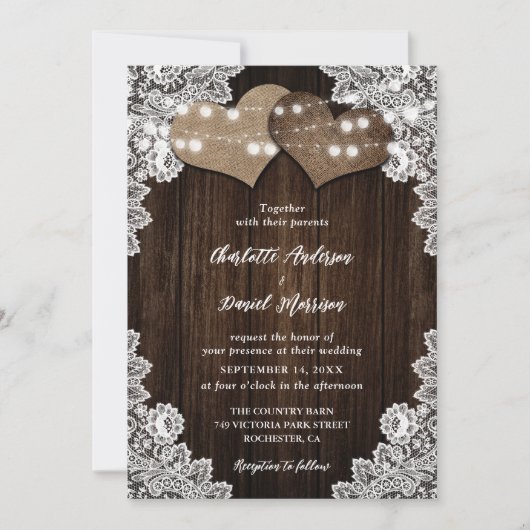 Invitation Mariage de luminaires à boucle de bois rustique et (Devant)