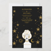 Invitation Mariage de lune céleste d'or noir mystique (Devant)