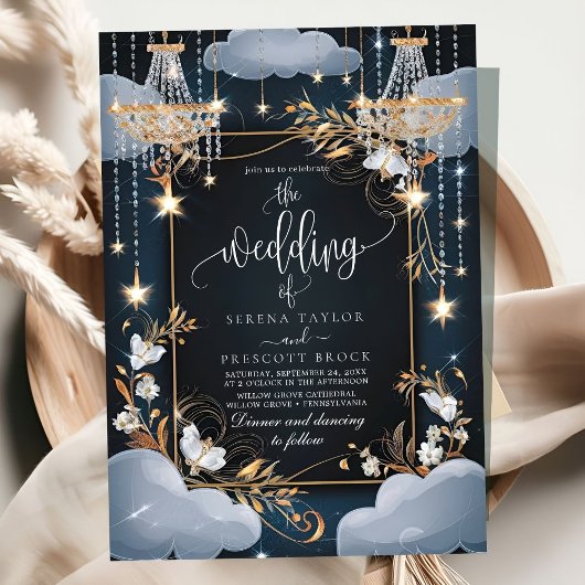 Invitation Mariage de lustre en or Chic Navy