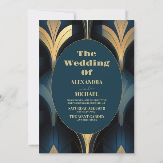 Invitation Mariage de luxe Art déco bleu et or (Devant)