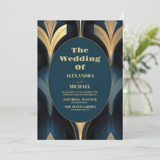 Invitation Mariage de luxe Art déco bleu et or (Debout devant)